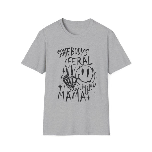 Somebody's Feral Mama T-Shirt — Smiley Skull Graphic Tee for Edgy Moms