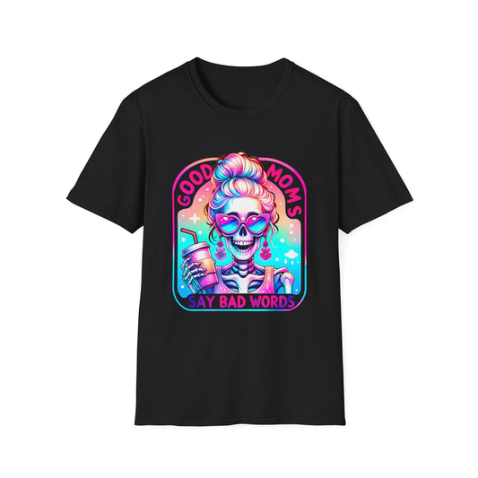 Funny 'Good Moms Say Bad Words' T-Shirt — Colorful Skull Mom Graphic Tee