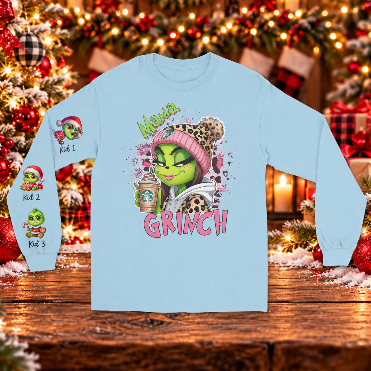 Personalized Mama Grinch Christmas Sweatshirt – Custom Kids Names on Sleeves