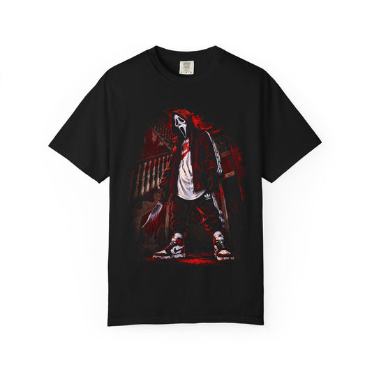Hooded Masked Figure graphic T-shirt | Horror Streetwear, Red Noir Design