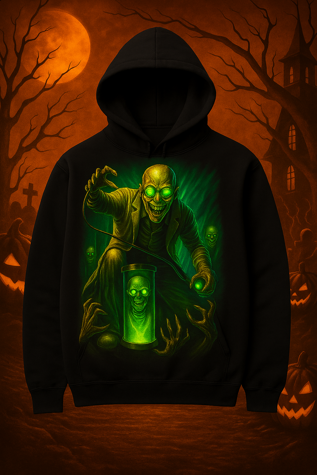 Mad Scientist Glow Hoodie – Halloween Horror Pullover with Green Toxic Lab Design
