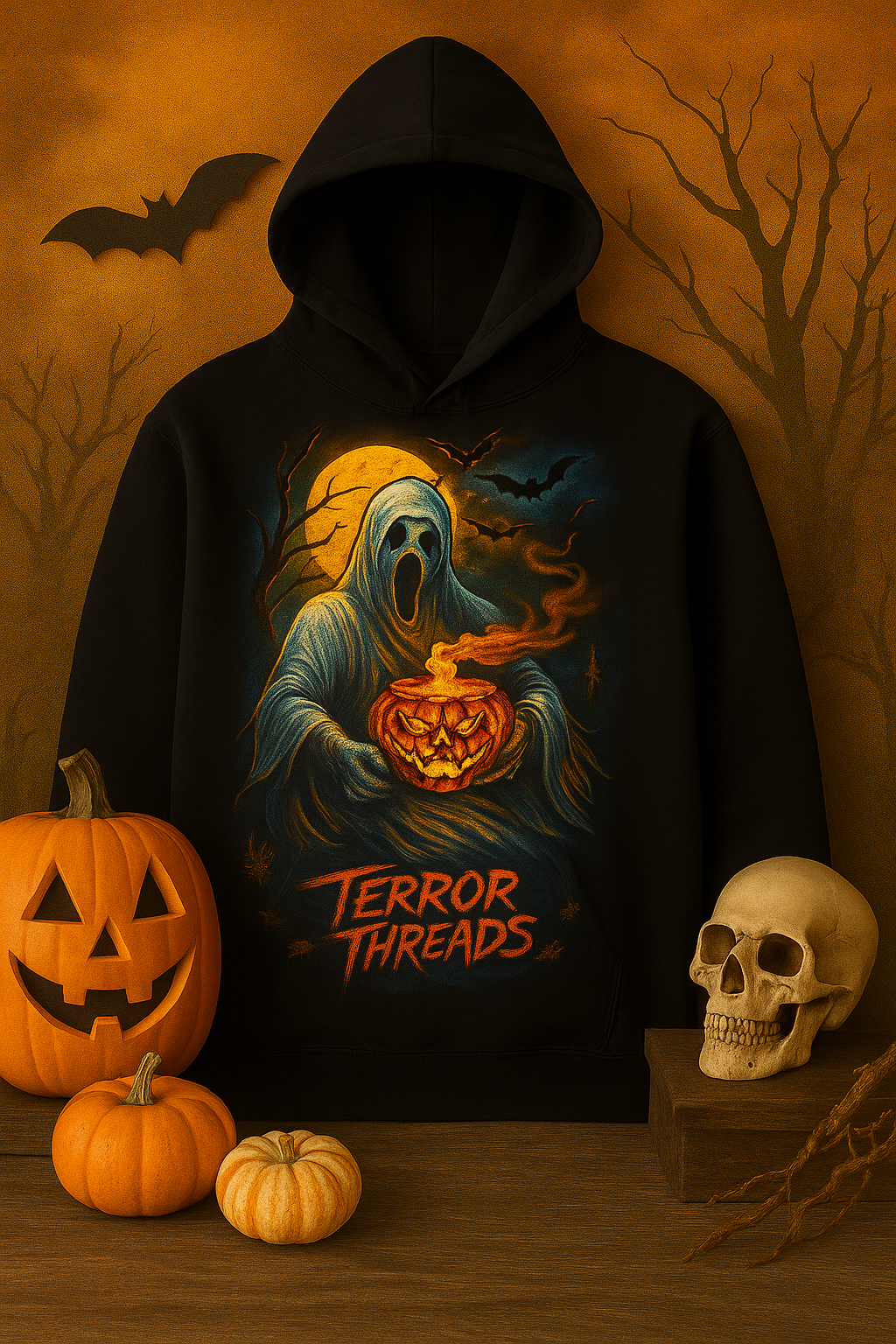 Terror Threads Halloween Hoodie – Ghost with Pumpkin Glow Pullover for Spooky Season