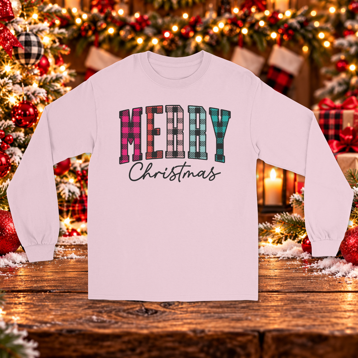 Colorful Plaid Merry Christmas Long Sleeve Sweater – Pink and Teal Holiday Sweater