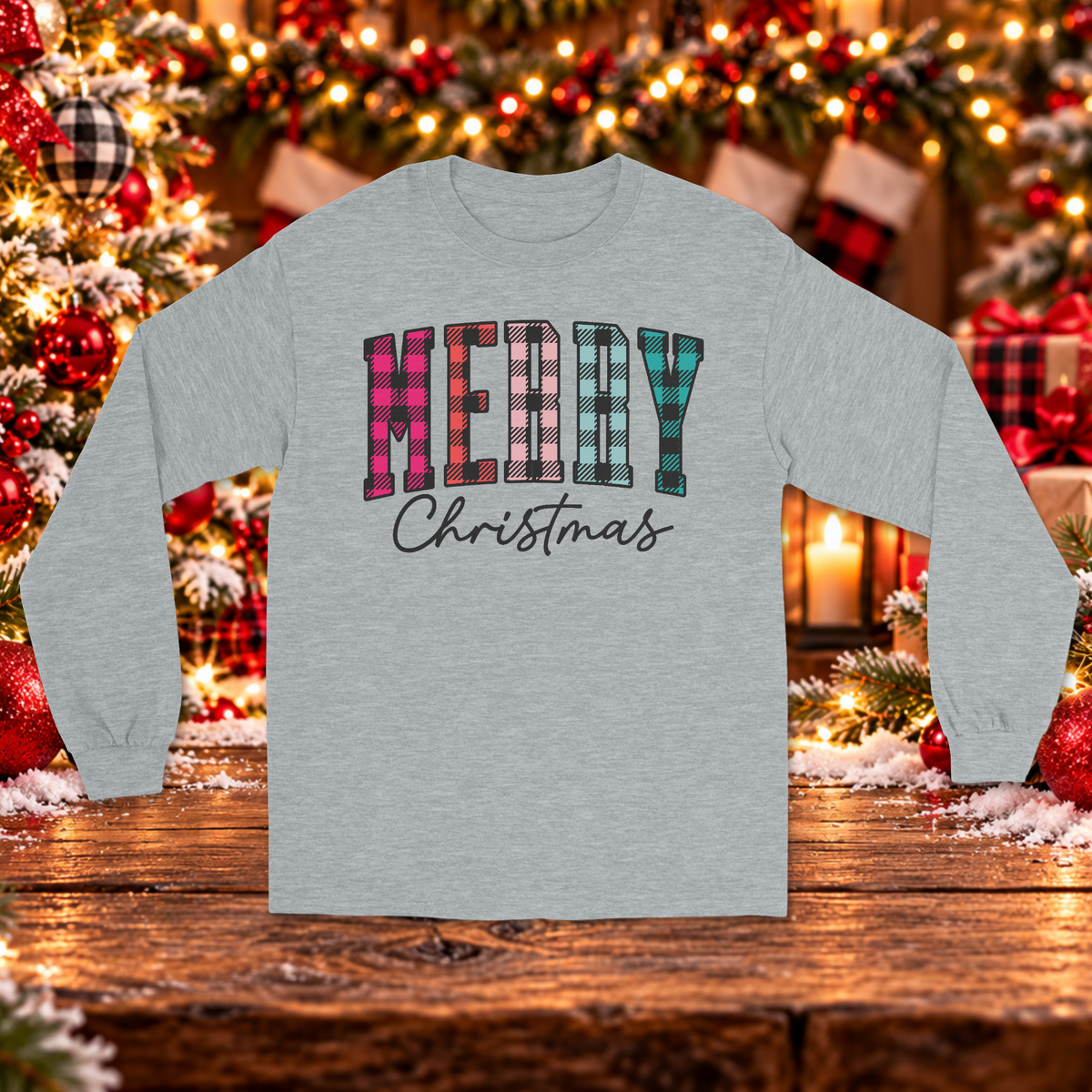 Colorful Plaid Merry Christmas Long Sleeve Sweater – Pink and Teal Holiday Sweater