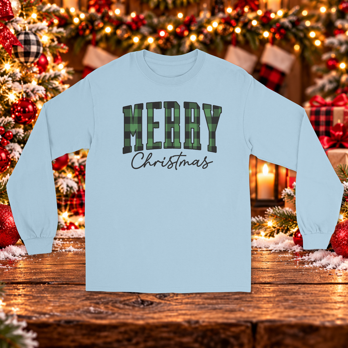 Green Buffalo Plaid Merry Christmas Long Sleeve Sweater– Festive Holiday Graphic Sweater