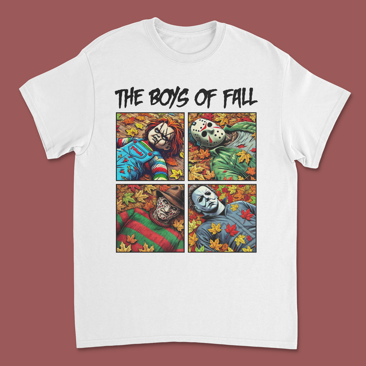 The Boys of Fall' Horror Icons Halloween T-Shirt – Michael Myers, Freddy, Jason & Chucky Graphic Tee"