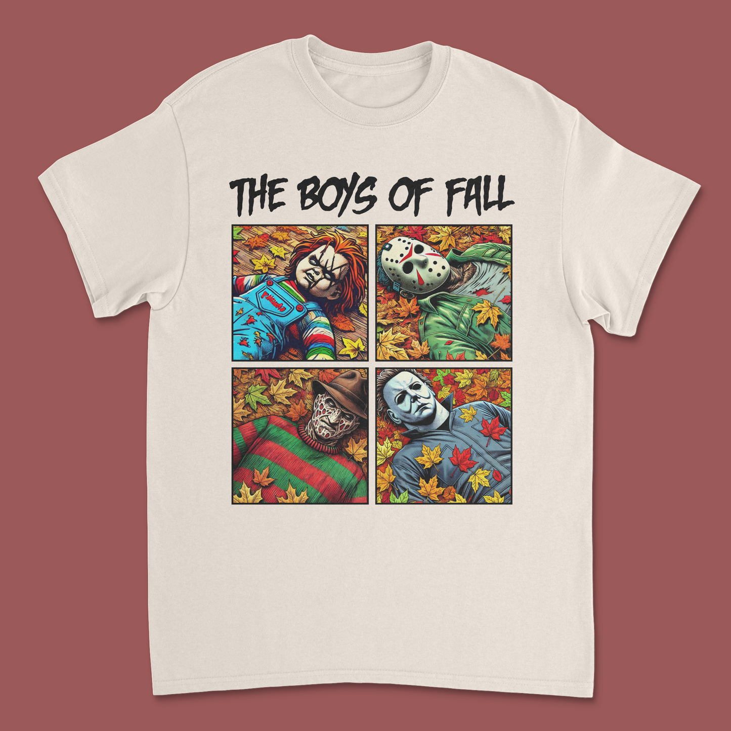 The Boys of Fall' Horror Icons Halloween T-Shirt – Michael Myers, Freddy, Jason & Chucky Graphic Tee"