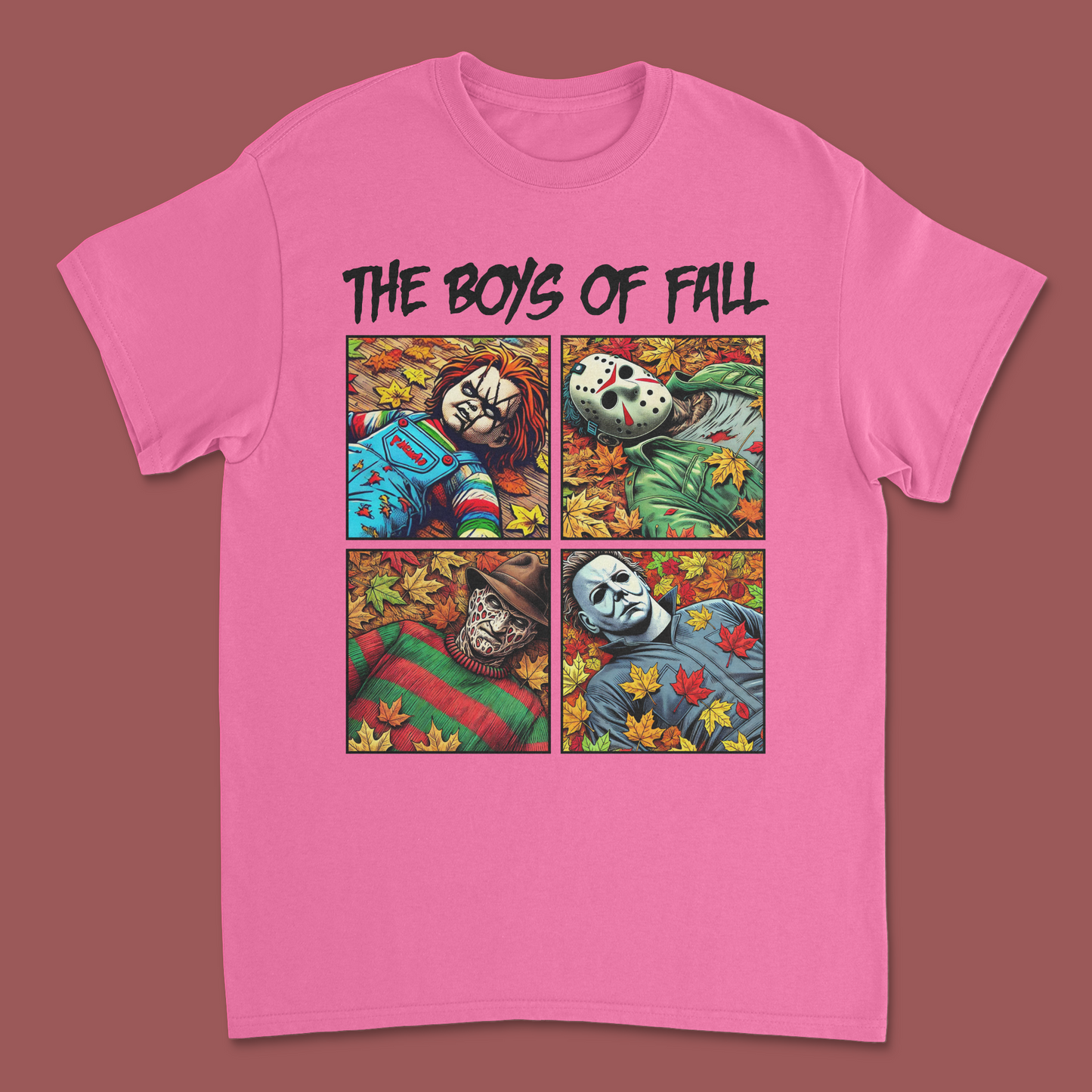 The Boys of Fall' Horror Icons Halloween T-Shirt – Michael Myers, Freddy, Jason & Chucky Graphic Tee"