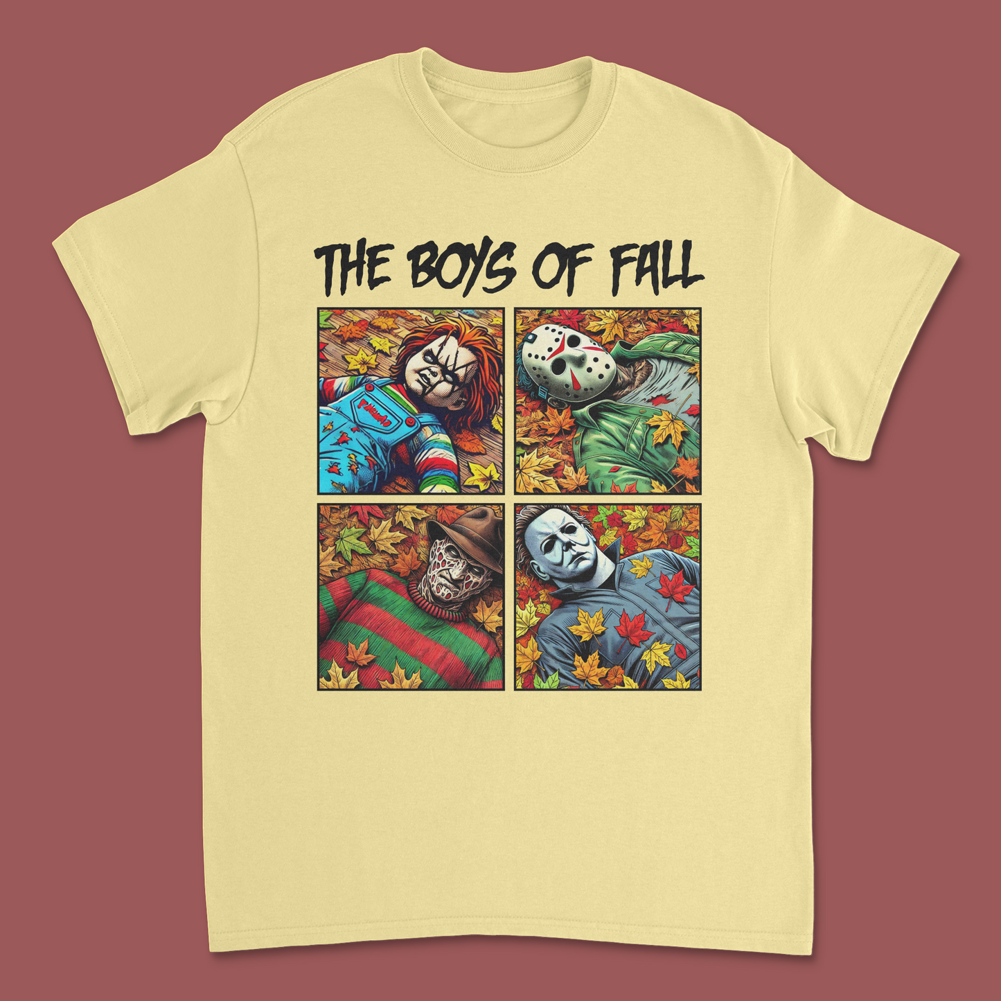 The Boys of Fall' Horror Icons Halloween T-Shirt – Michael Myers, Freddy, Jason & Chucky Graphic Tee"