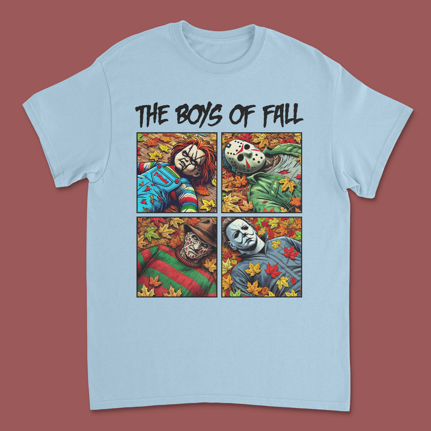 The Boys of Fall' Horror Icons Halloween T-Shirt – Michael Myers, Freddy, Jason & Chucky Graphic Tee"