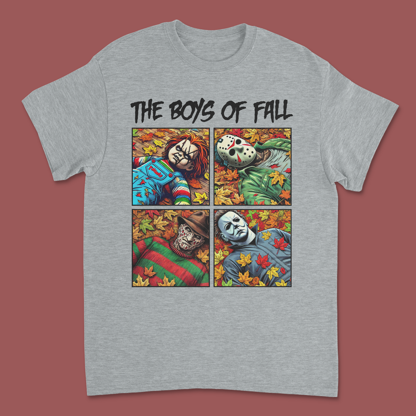 The Boys of Fall' Horror Icons Halloween T-Shirt – Michael Myers, Freddy, Jason & Chucky Graphic Tee"