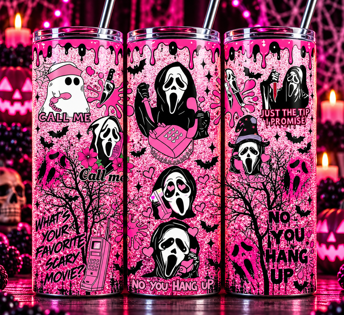 Pink Ghostface Call Me 20 oz Tumbler – Cute Spooky Horror Halloween Cup