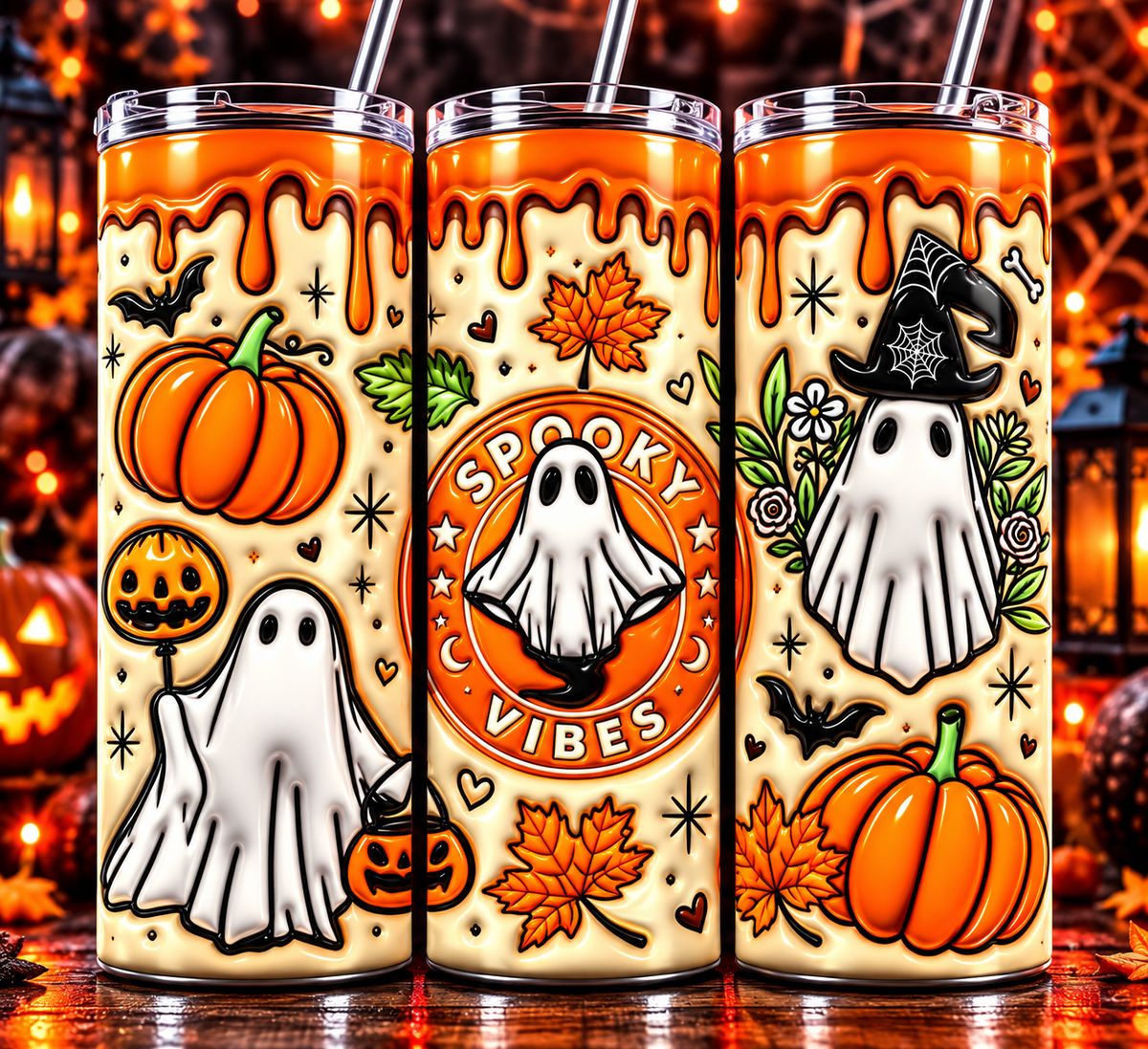 Spooky Vibes Cute Ghost 20 oz Tumbler – Pumpkin Fall Halloween Cup