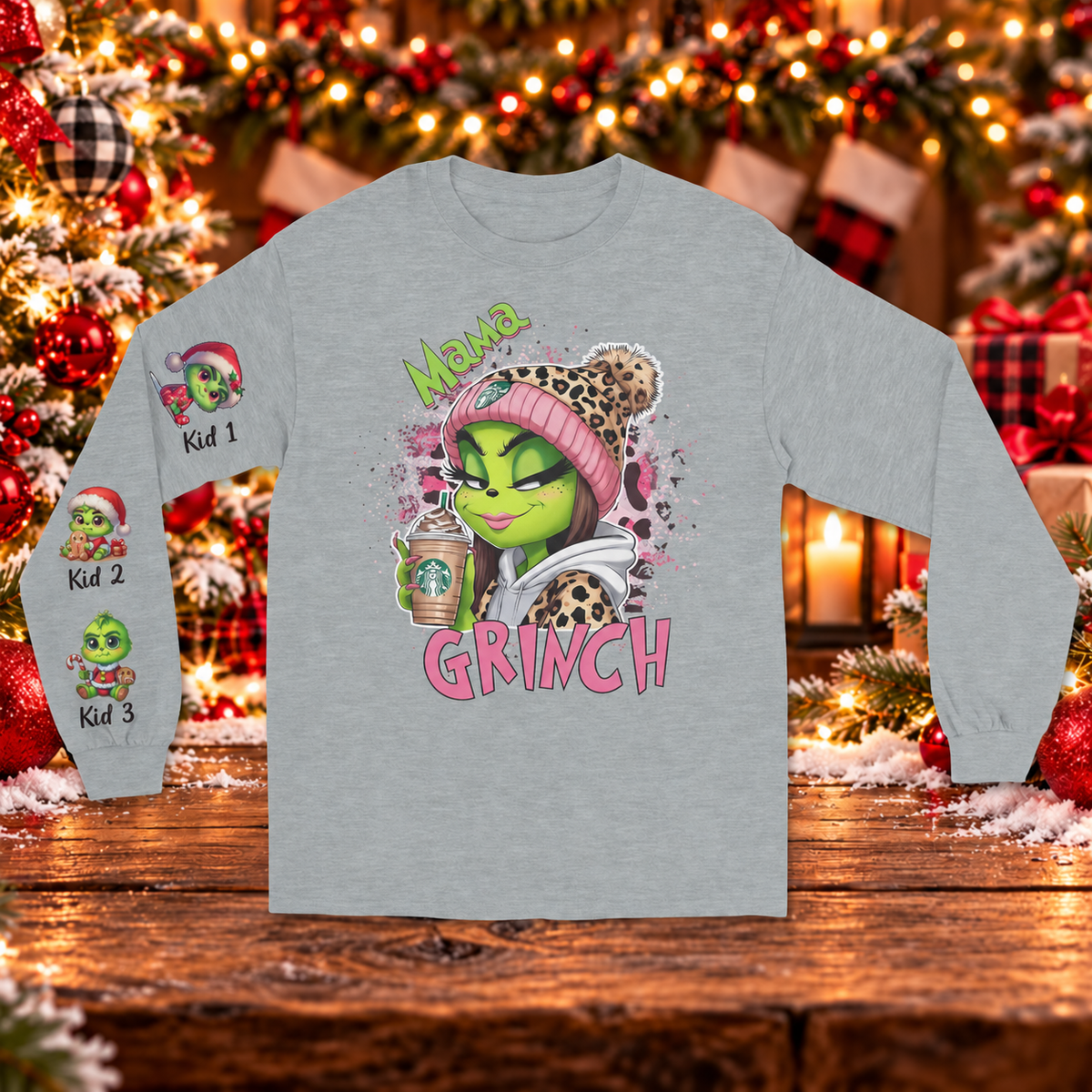 Personalized Mama Grinch Christmas Sweatshirt – Custom Kids Names on Sleeves