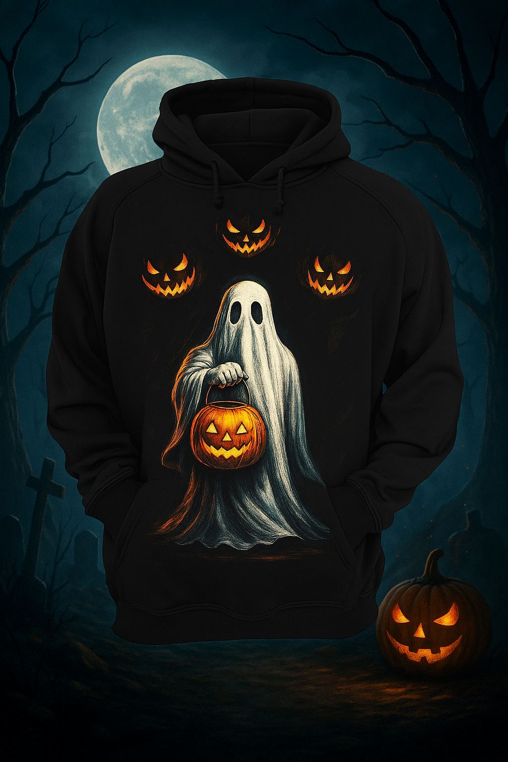 Ghost with Pumpkin Halloween Hoodie – Spooky Trick-or-Treat Ghost Pullover for Halloween Lovers