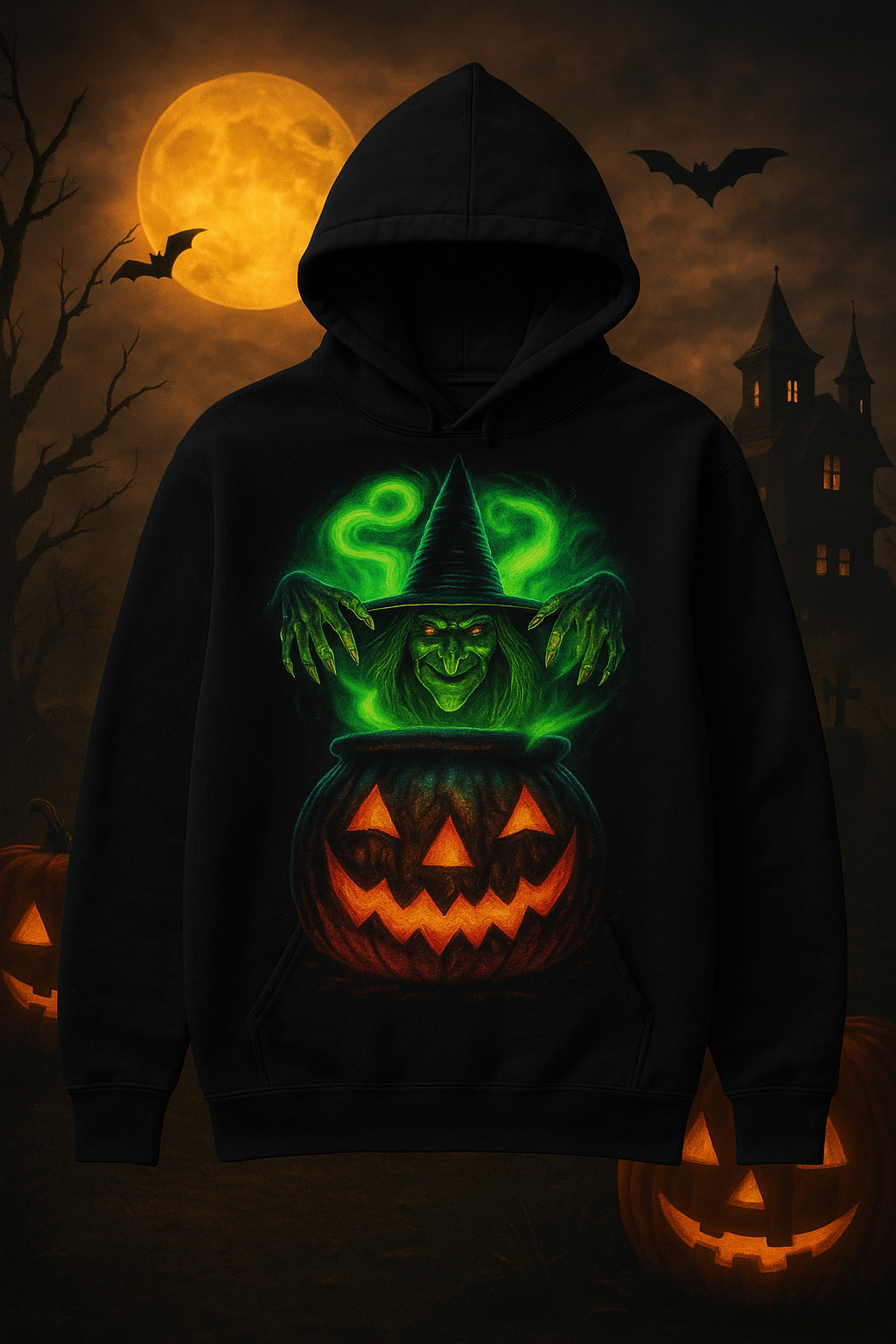 Witch Cauldron Glow Hoodie – Halloween Pullover with Green Witch and Pumpkin Design