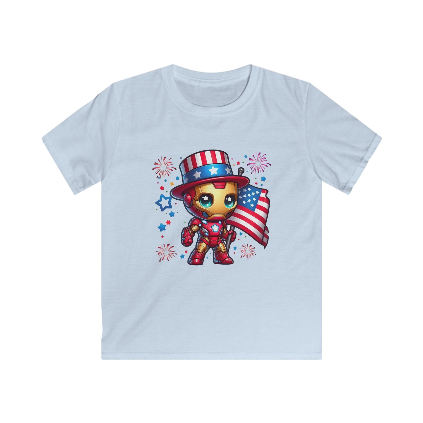 Kids Tee — Patriotic Superhero Baby Iron Man with American Flag (4th of July)