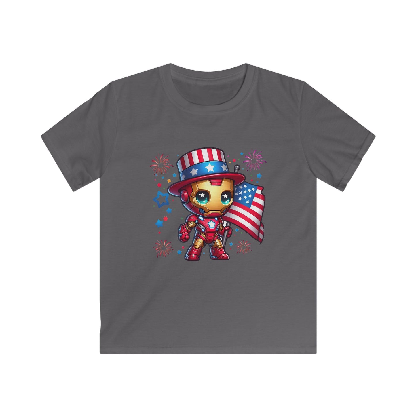 Kids Tee — Patriotic Superhero Baby Iron Man with American Flag (4th of July)