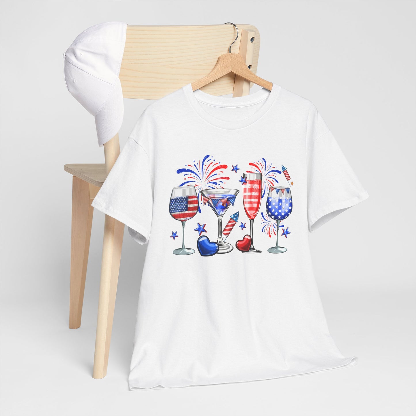 Patriotic Wine Glasses Tee – 4th of July Red White Blue Celebration Shirt