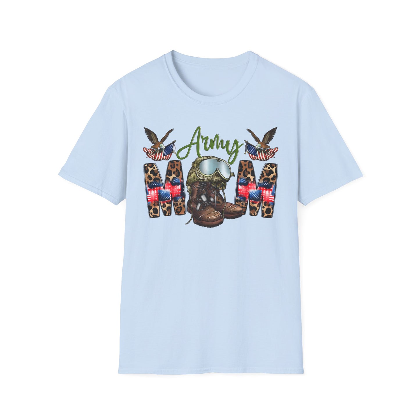 Army Mom T-Shirt — Patriotic Military Mom Tee with Helmet & Boots Design