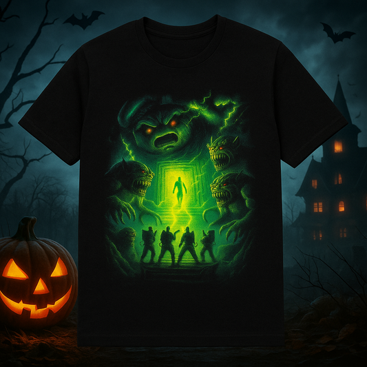 Haunted Portal Showdown" Halloween Graphic Tee – Spooky Streetwear for Horror Fans & Monster Hunters