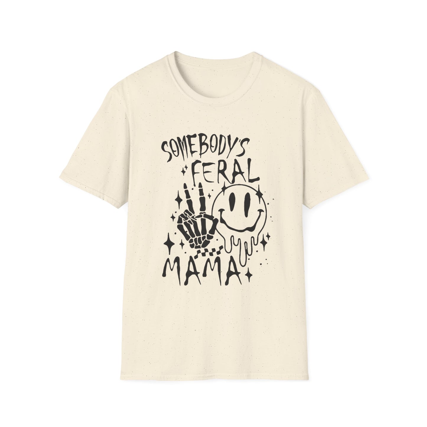 Somebody's Feral Mama T-Shirt — Smiley Skull Graphic Tee for Edgy Moms