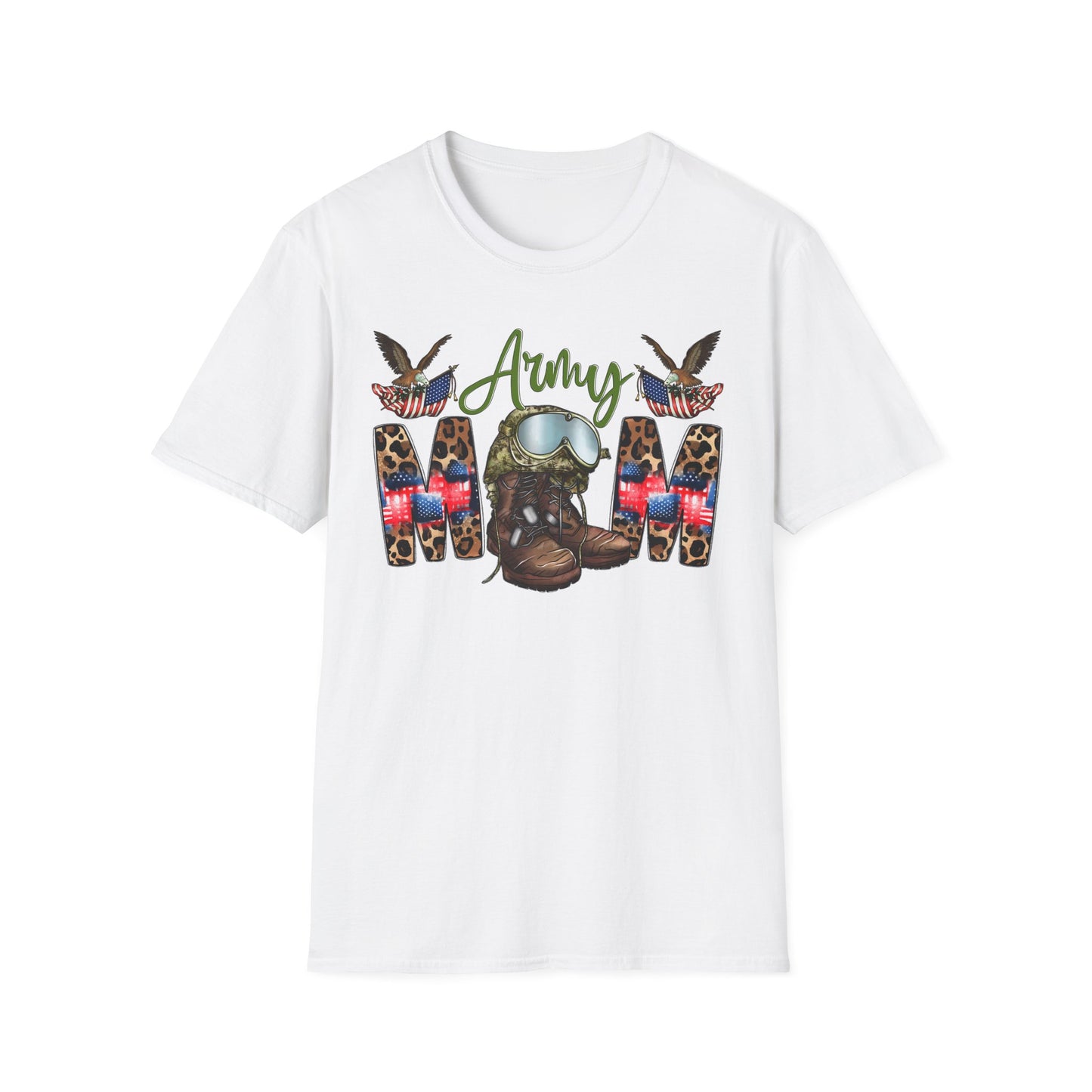 Army Mom T-Shirt — Patriotic Military Mom Tee with Helmet & Boots Design