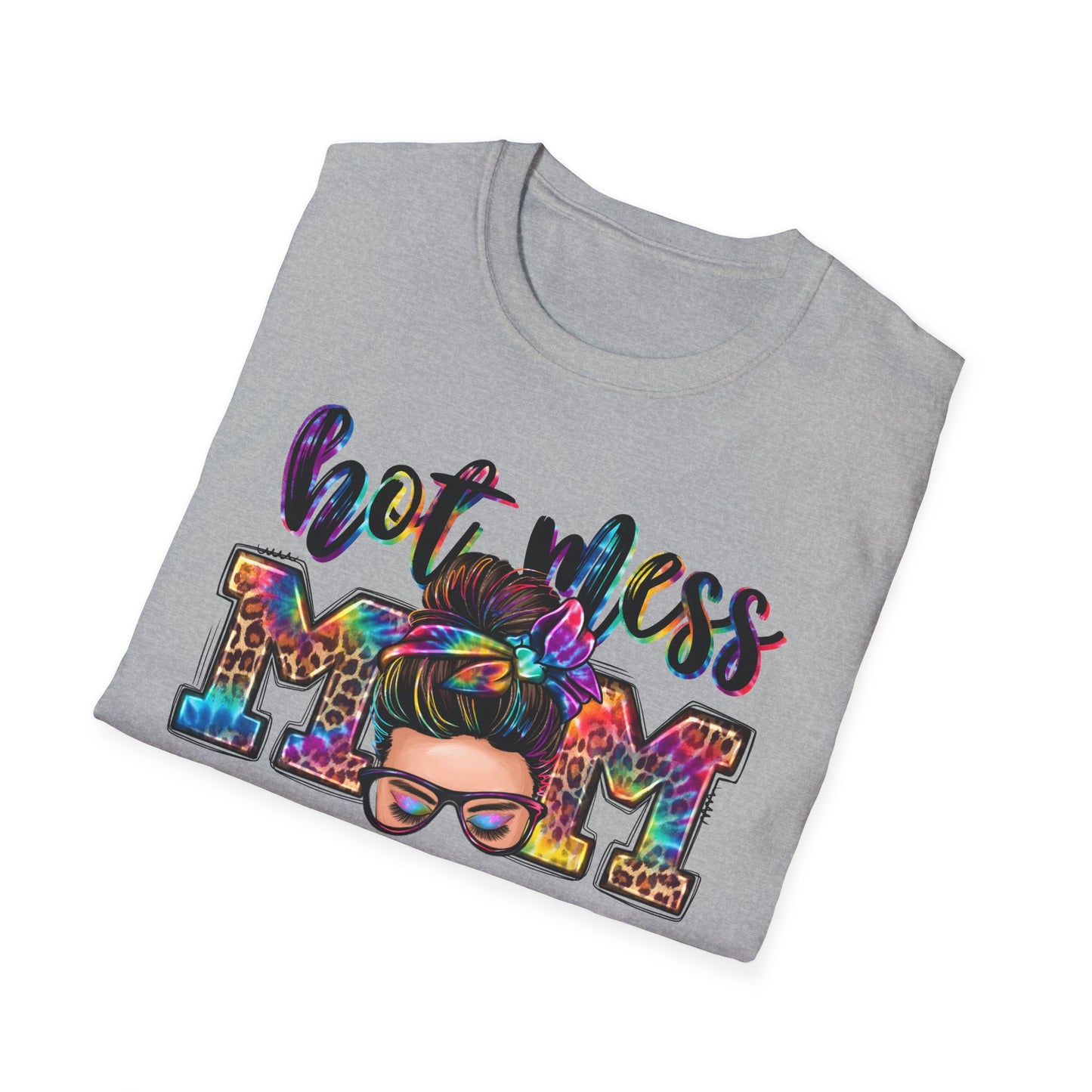 Hot Mess Mom Tee — Colorful Messy Bun Mom T-Shirt, Funny Mother’s Day Gift