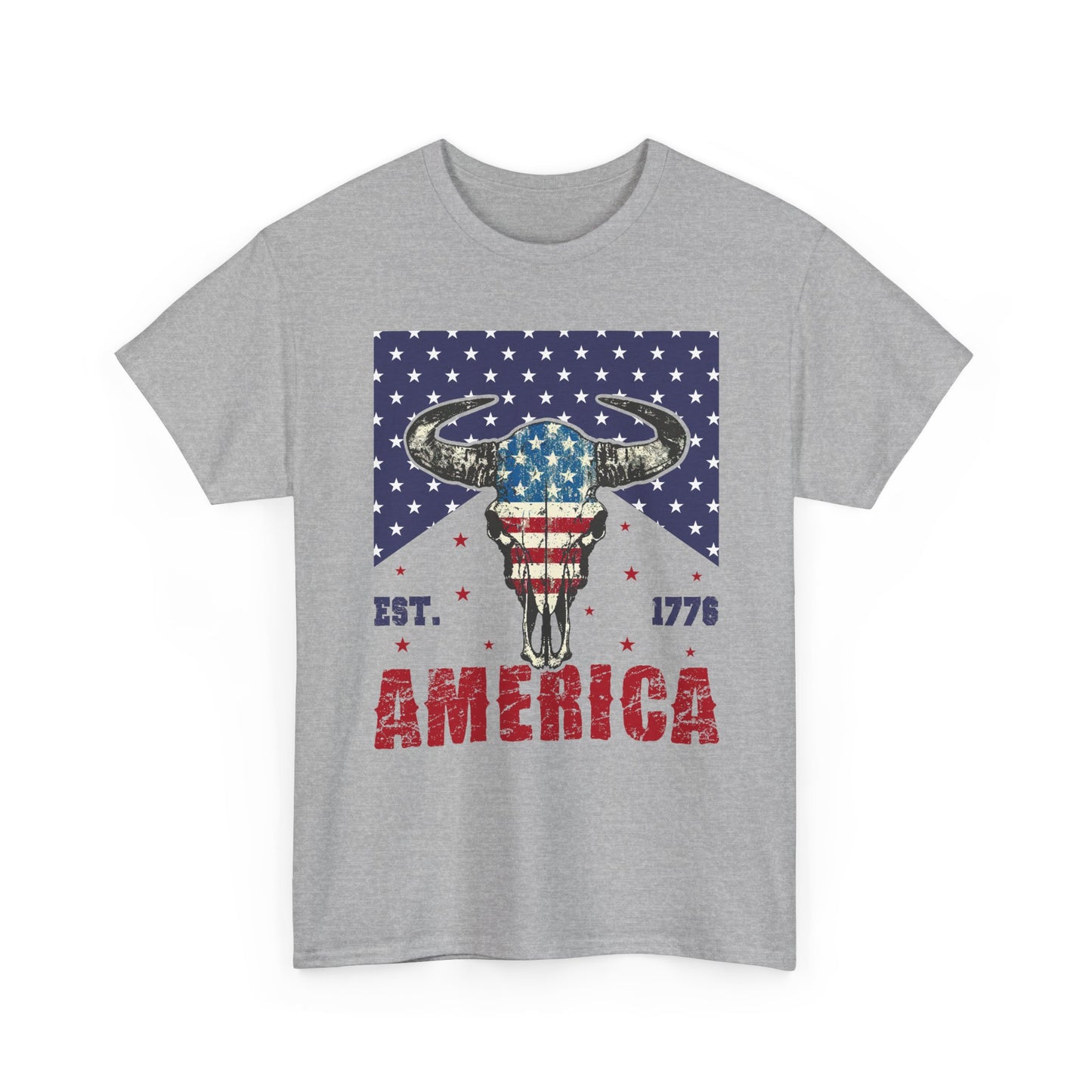 America Longhorn Skull T-Shirt – Patriotic Est. 1776 Flag Design