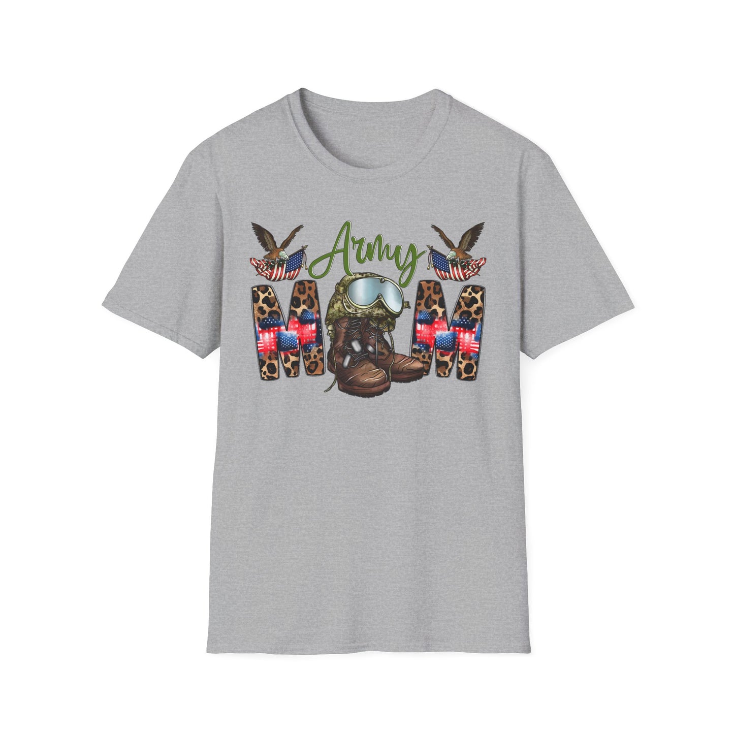 Army Mom T-Shirt — Patriotic Military Mom Tee with Helmet & Boots Design