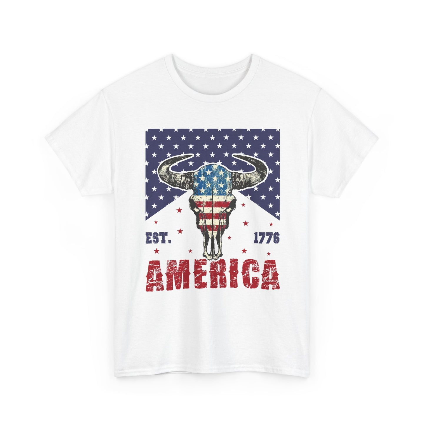 America Longhorn Skull T-Shirt – Patriotic Est. 1776 Flag Design