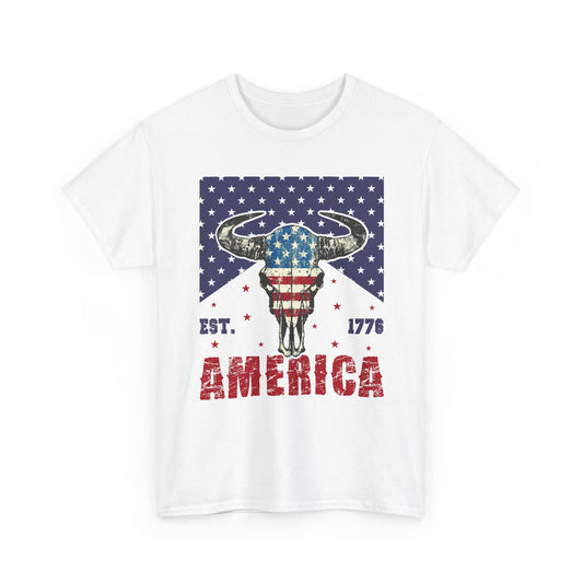 America Longhorn Skull T-Shirt – Patriotic Est. 1776 Flag Design