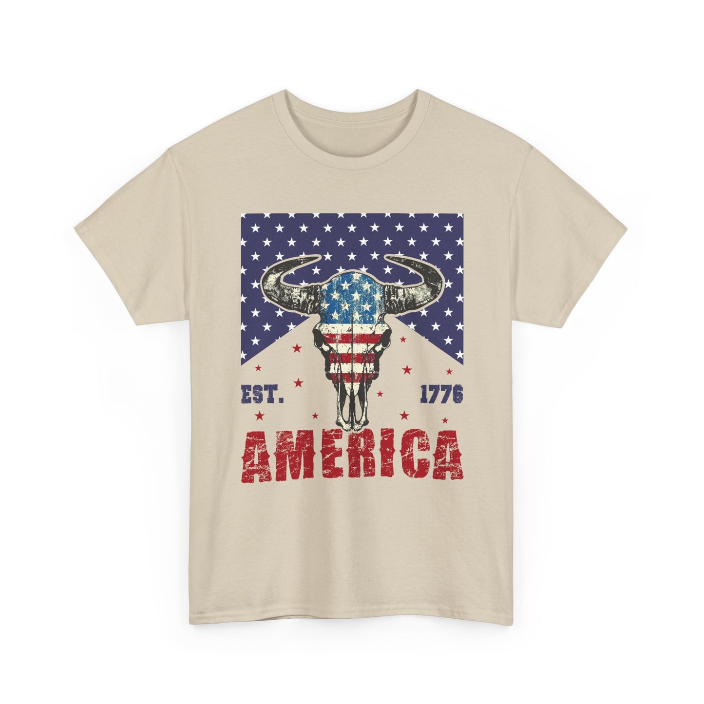 America Longhorn Skull T-Shirt – Patriotic Est. 1776 Flag Design
