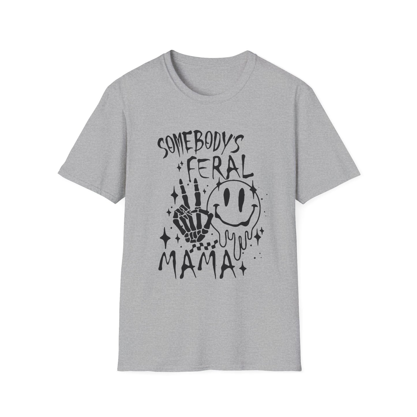 Somebody's Feral Mama T-Shirt — Smiley Skull Graphic Tee for Edgy Moms