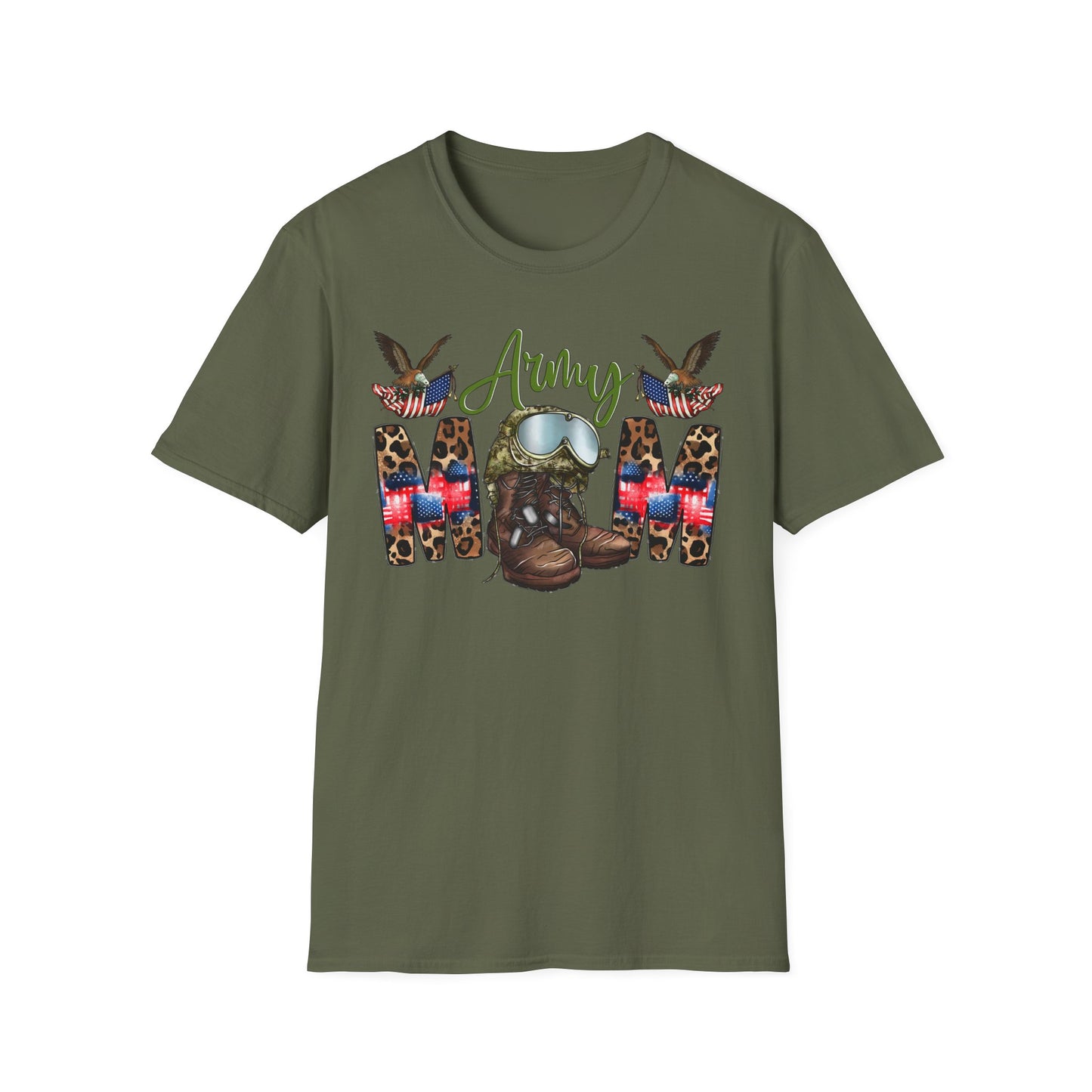 Army Mom T-Shirt — Patriotic Military Mom Tee with Helmet & Boots Design