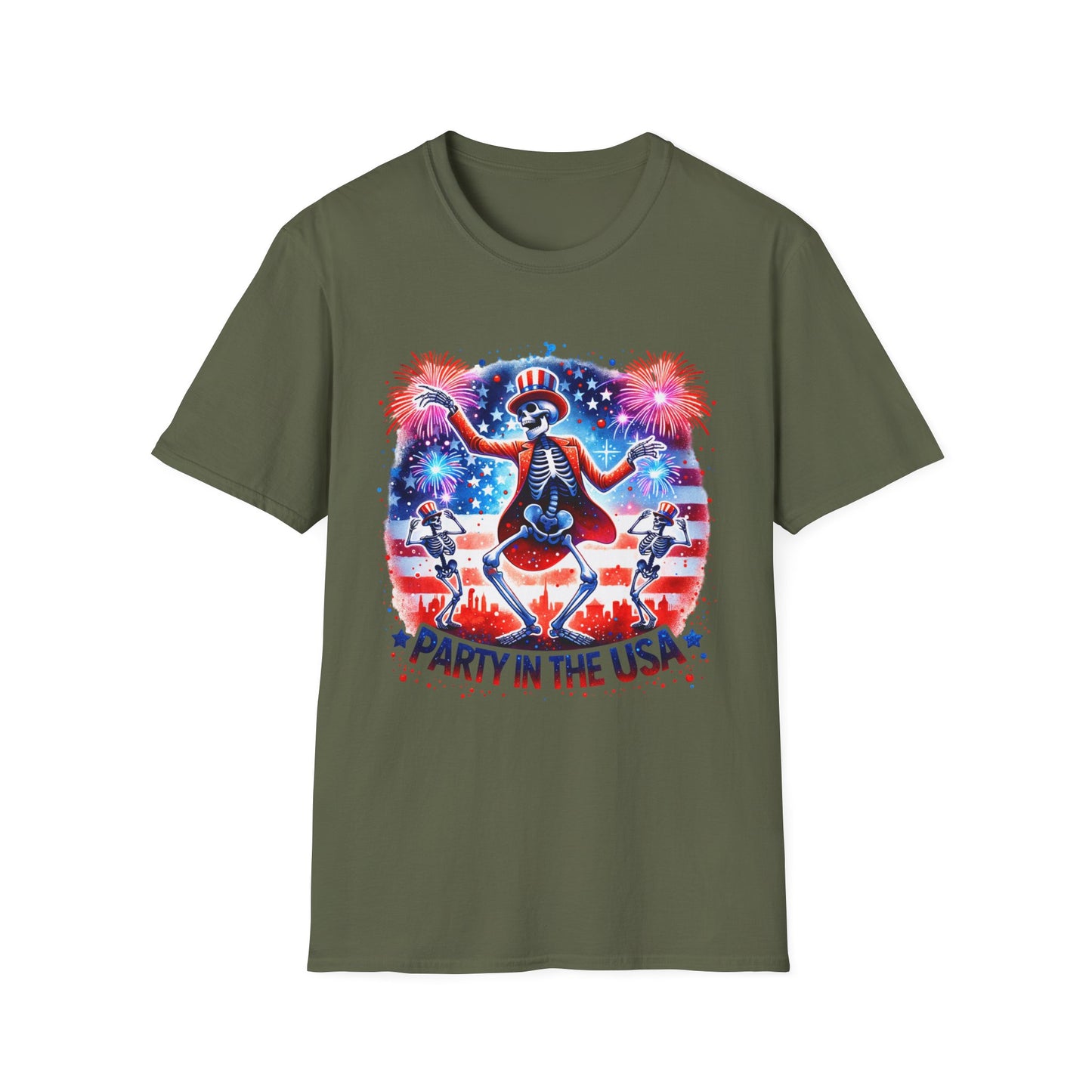 Party in the USA Skeleton Tee — 4th of July Patriotic Fireworks T-Shirt