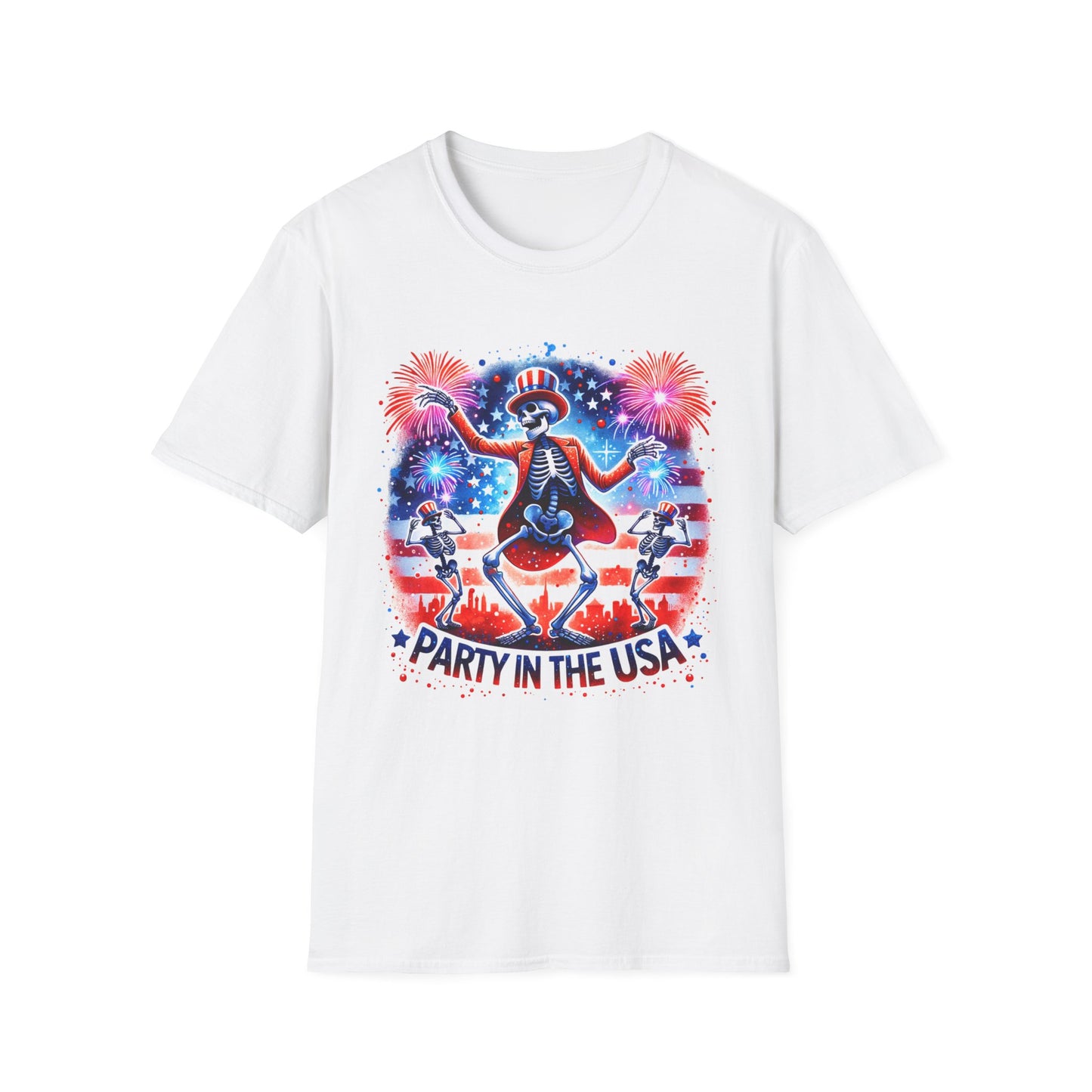 Party in the USA Skeleton Tee — 4th of July Patriotic Fireworks T-Shirt