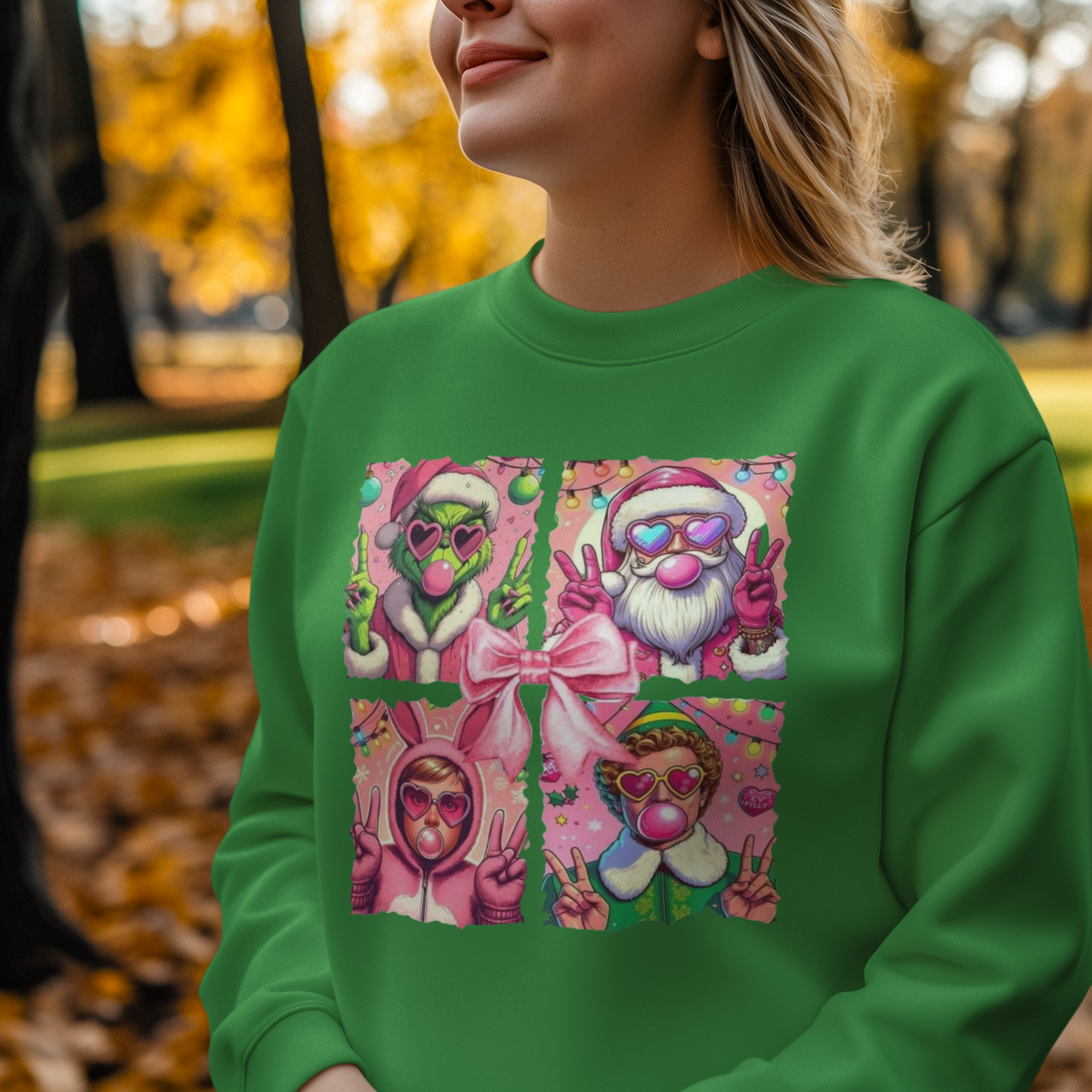 Pink Retro Christmas Squad Sweatshirt – Holiday Characters and Bow Graphic