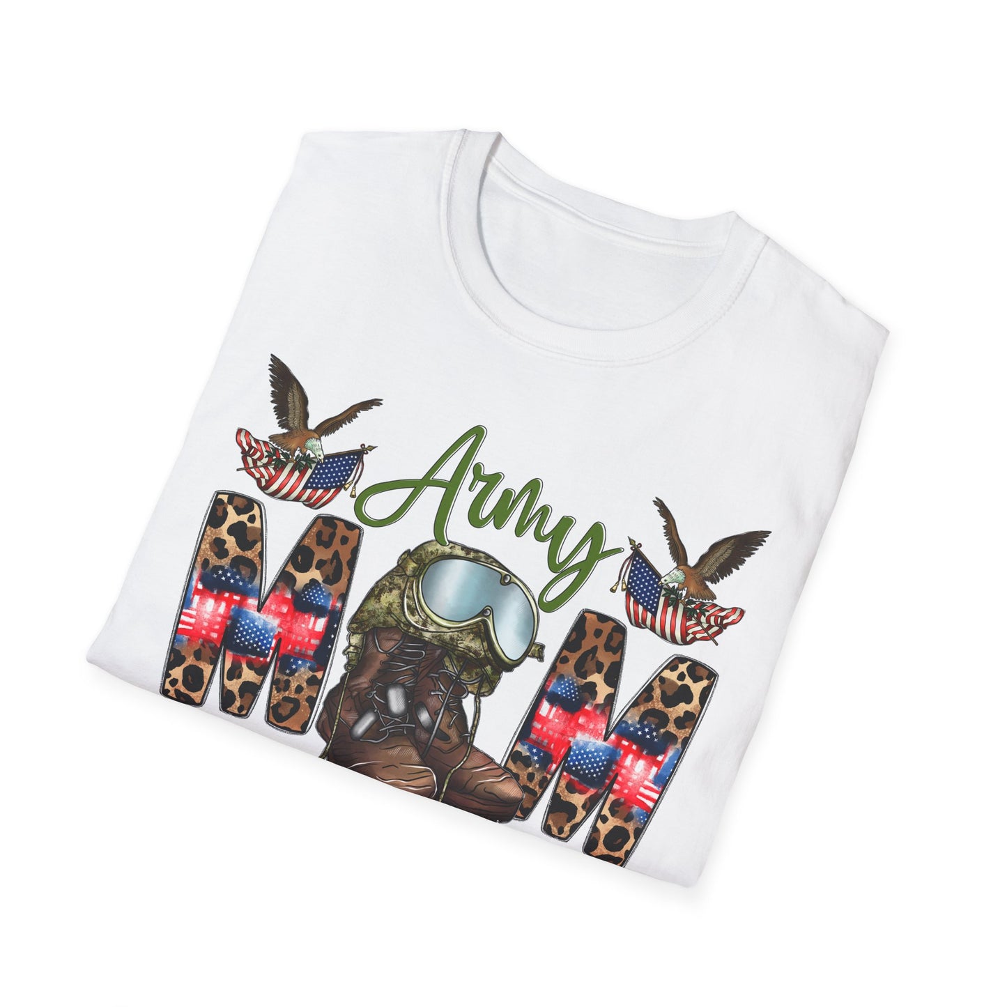 Army Mom T-Shirt — Patriotic Military Mom Tee with Helmet & Boots Design