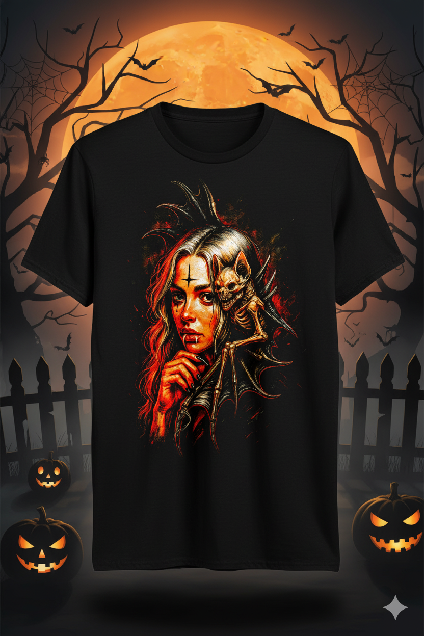 Dark Gothic Vampire Bat Skeleton Halloween T-Shirt | Horror Aesthetic | Spooky Grunge Alt Top