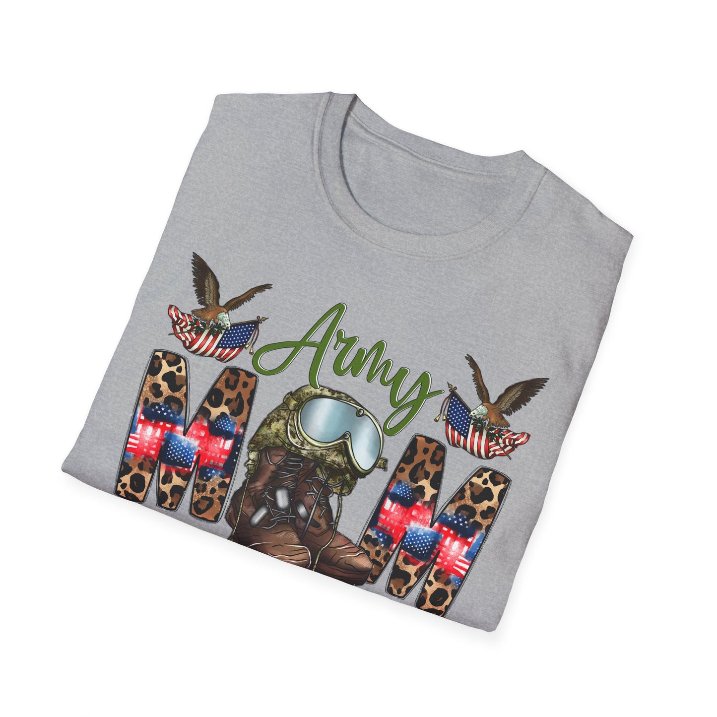 Army Mom T-Shirt — Patriotic Military Mom Tee with Helmet & Boots Design