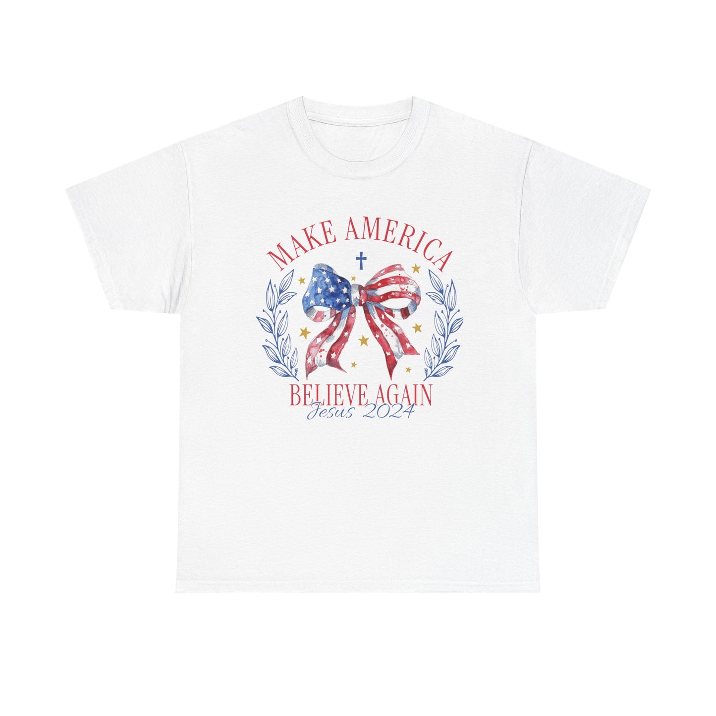 Make America Believe Again Patriotic Tee - American Flag Bow Graphic