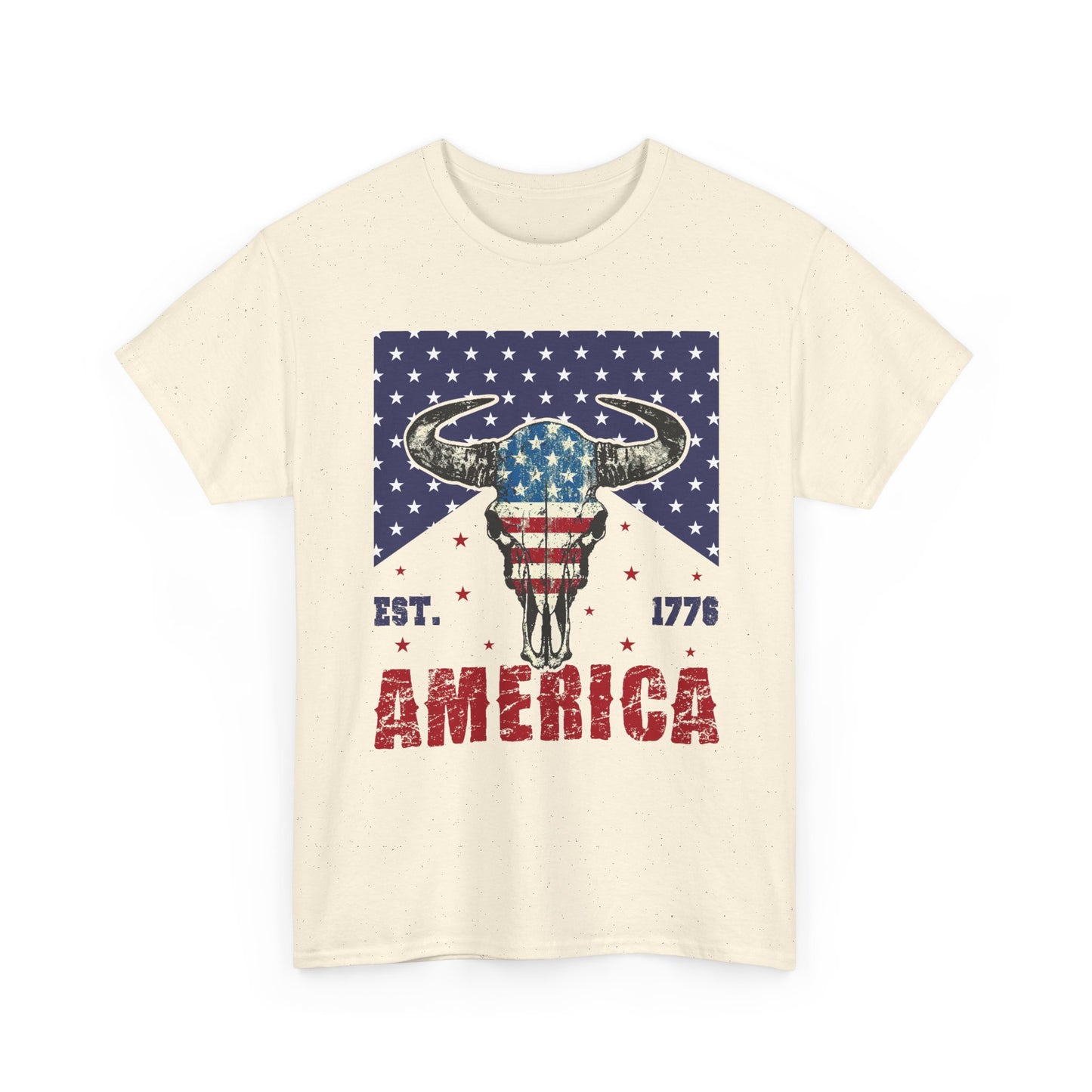 America Longhorn Skull T-Shirt – Patriotic Est. 1776 Flag Design