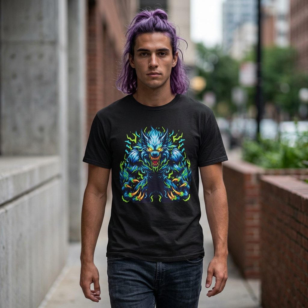 Neon Werewolf T-Shirt, Colorful Wolf Monster Graphic Tee, Horror Shirt, Gothic Streetwear, Halloween Werewolf Tee, Fantasy Creature Shirt