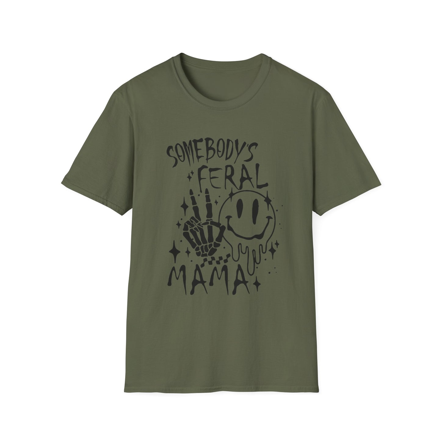 Somebody's Feral Mama T-Shirt — Smiley Skull Graphic Tee for Edgy Moms