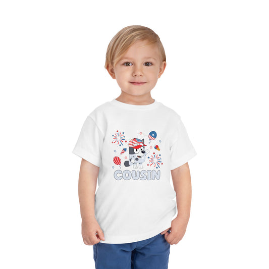 Patriotic Puppy “Cousin” Toddler Tee — 4th of July Kids Shirt