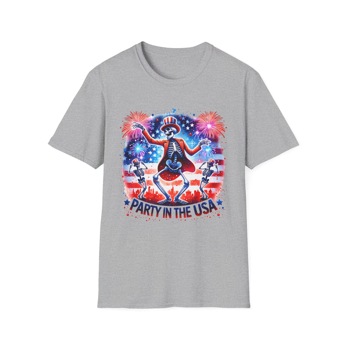 Party in the USA Skeleton Tee — 4th of July Patriotic Fireworks T-Shirt