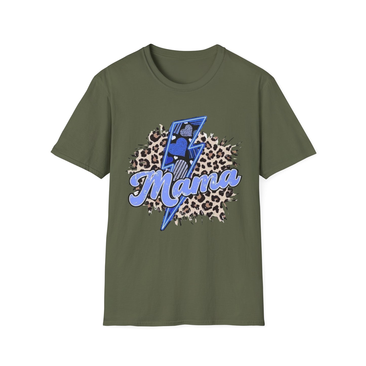 Mama Lightning Tee — Leopard Print Blue Script Graphic T-Shirt
