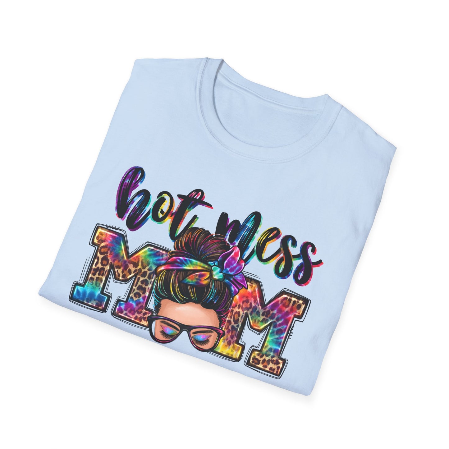 Hot Mess Mom Tee — Colorful Messy Bun Mom T-Shirt, Funny Mother’s Day Gift