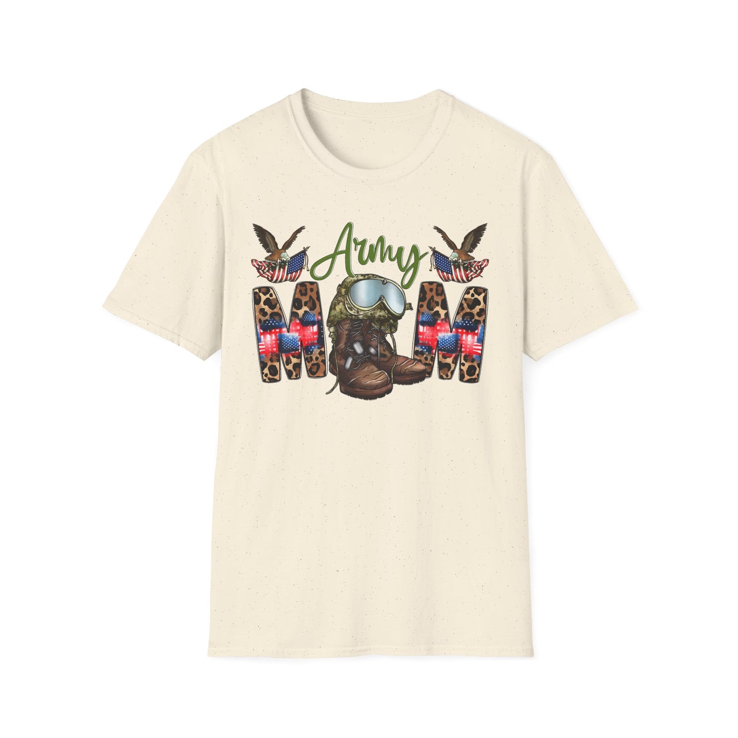 Army Mom T-Shirt — Patriotic Military Mom Tee with Helmet & Boots Design